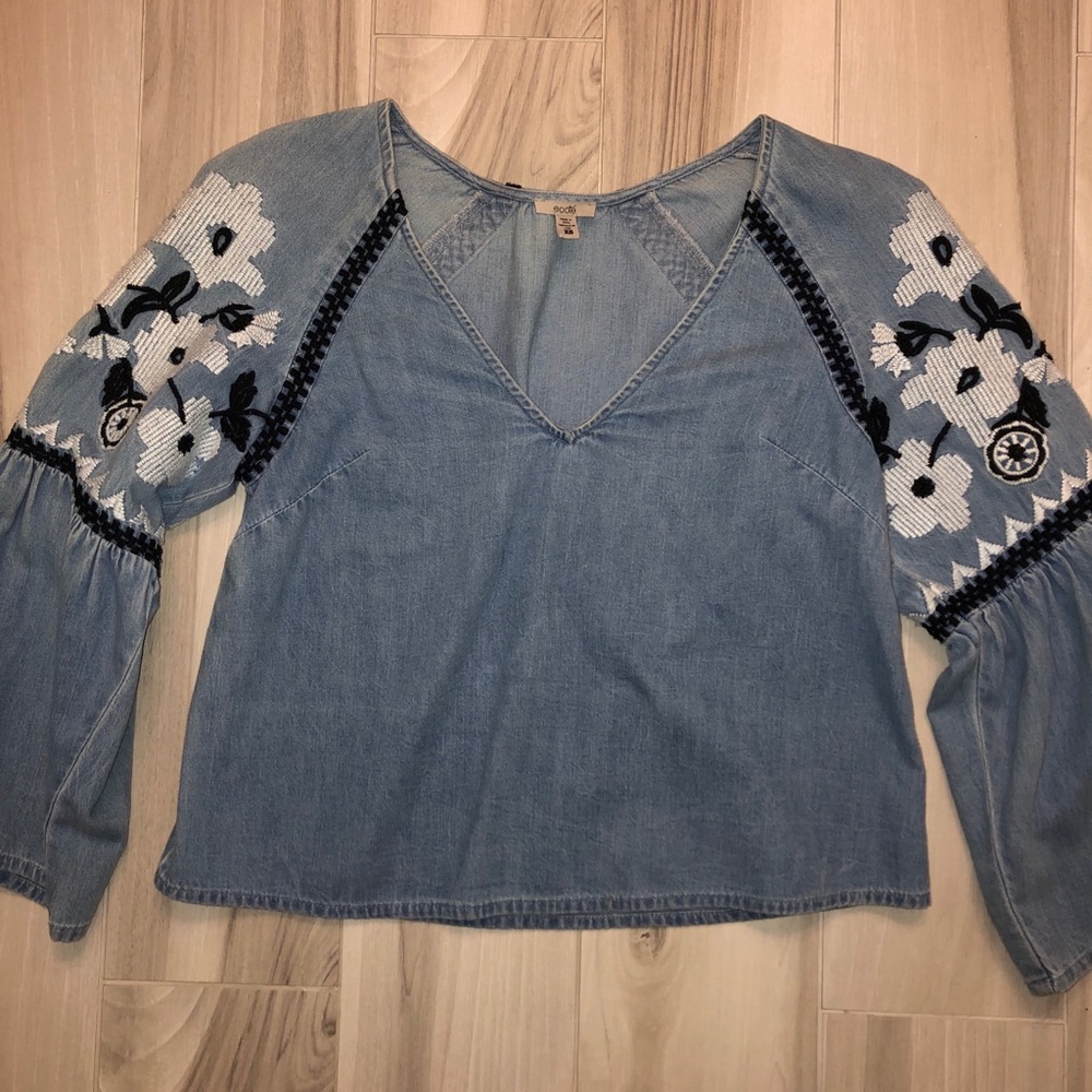 urban outfitters denim embroidered long sleeve top